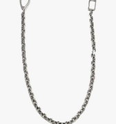 this wallet chain is composed of oversized cable links, 12 inset red rubies on two of the links add a discreet yet luxurious touch of brilliance, finished with a custom rectangular clasp that attaches to your belt loop.