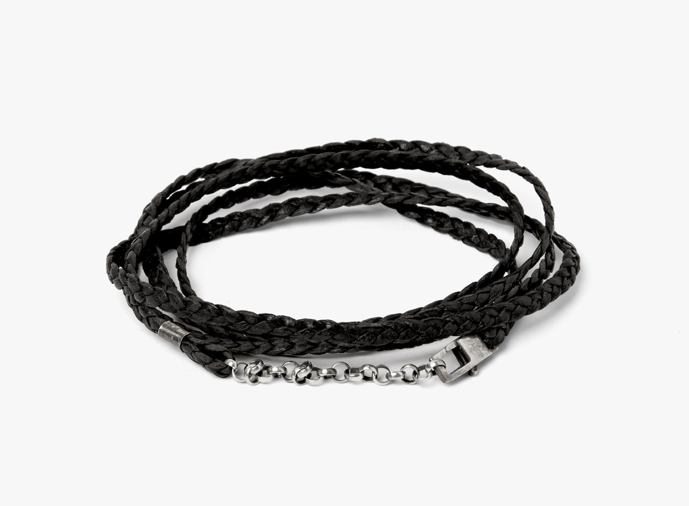 LEATHER BRACELET 329: a hand-braided flat napa leather band connects to sterling silver rolo chain to form a multi-wrapped bracelet that can also be worn as a necklace
