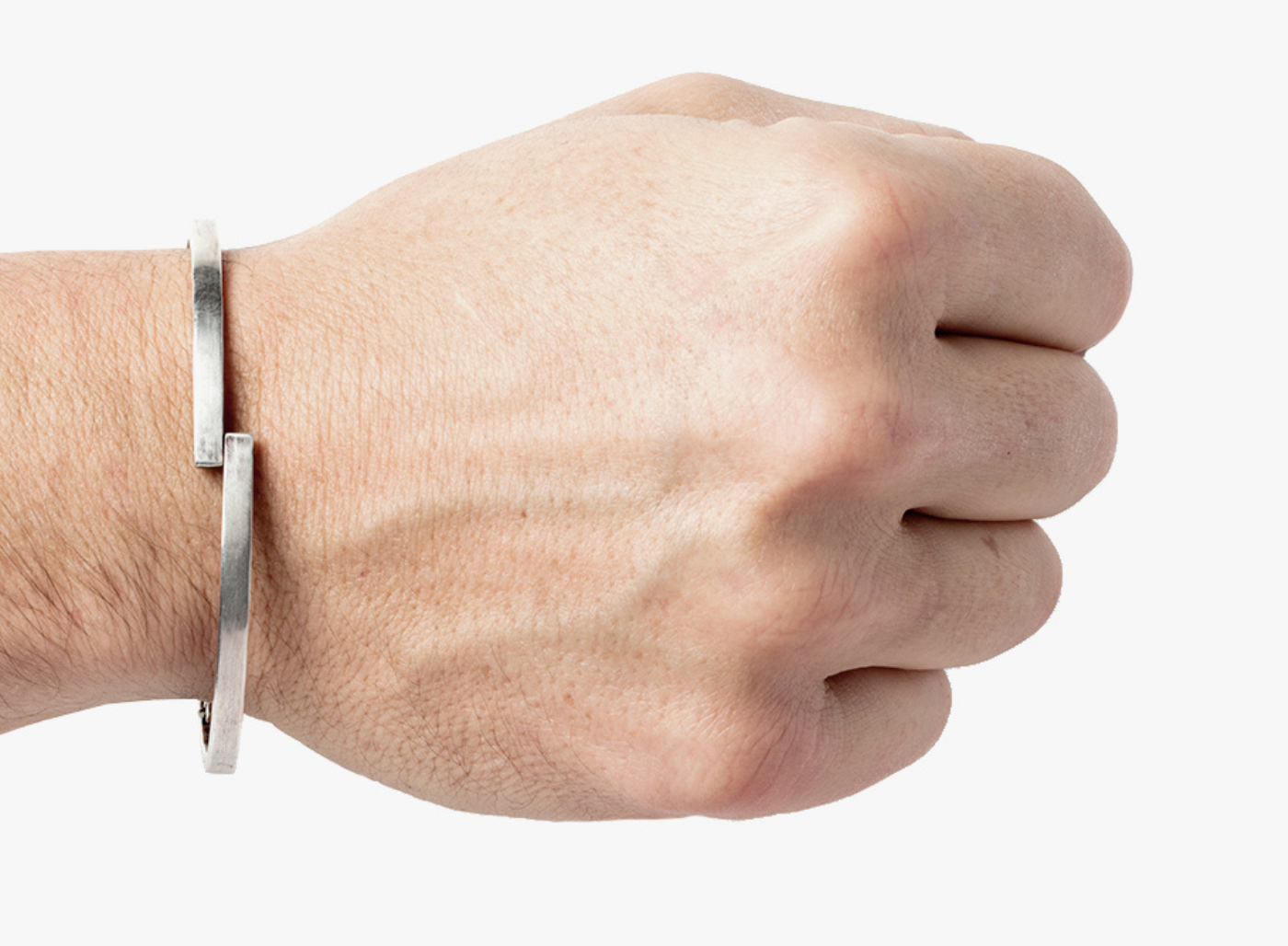 pivoting double hinged half cuff is connected by elongated box links and finished with a&nbsp; carabiner lobster clasp