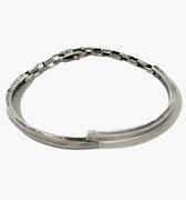 pivoting double hinged half cuff is connected by elongated box links and finished with a carabiner lobster clasp