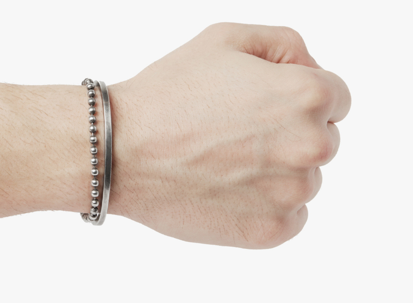 double cuff/ bracelet features a sterling ball chain that connects to a 5mm cuff, giving the effect of wearing 2 pieces in one