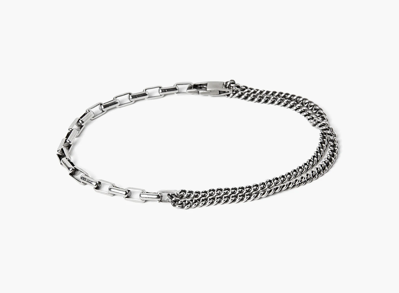 adjustable box chain connects to a double wrap round curb chain and is fastened by a carabiner lobster clasp