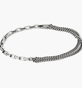 adjustable box chain connects to a double wrap round curb chain and is fastened by a carabiner lobster clasp