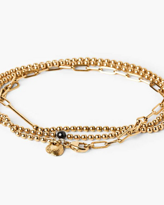 single black tahitian pearl is nestled along an 18k gold bead and anchor chain - creating this adjustable multi wrap