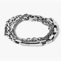 adjustable multi-wrap bracelet convertible necklace features a cable chain and two rolo chains of varying weights / shape intertwined and finished with a darkened patina