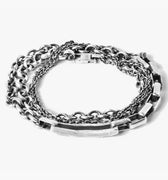 adjustable multi-wrap bracelet convertible necklace features a cable chain and two rolo chains of varying weights / shape intertwined and finished with a darkened patina