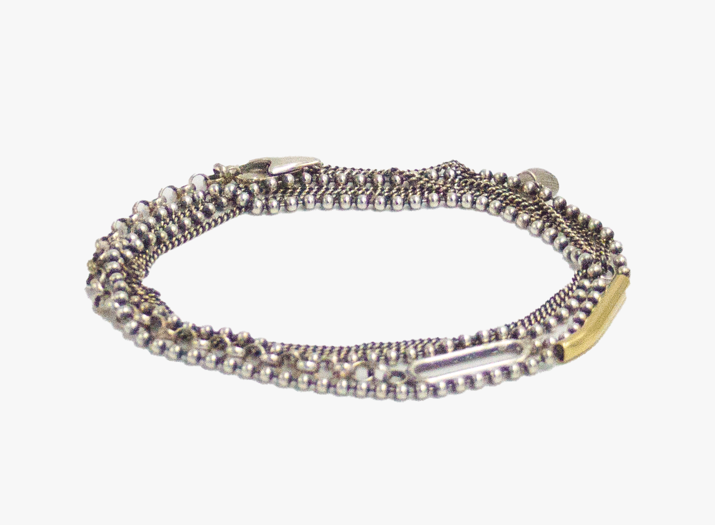 mixed chain multi wrap bracelet featuring a ball chain and double strand curb chain accented with an 18k yellow gold tube