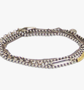 mixed chain multi wrap bracelet featuring a ball chain and double strand curb chain accented with an 18k yellow gold tube