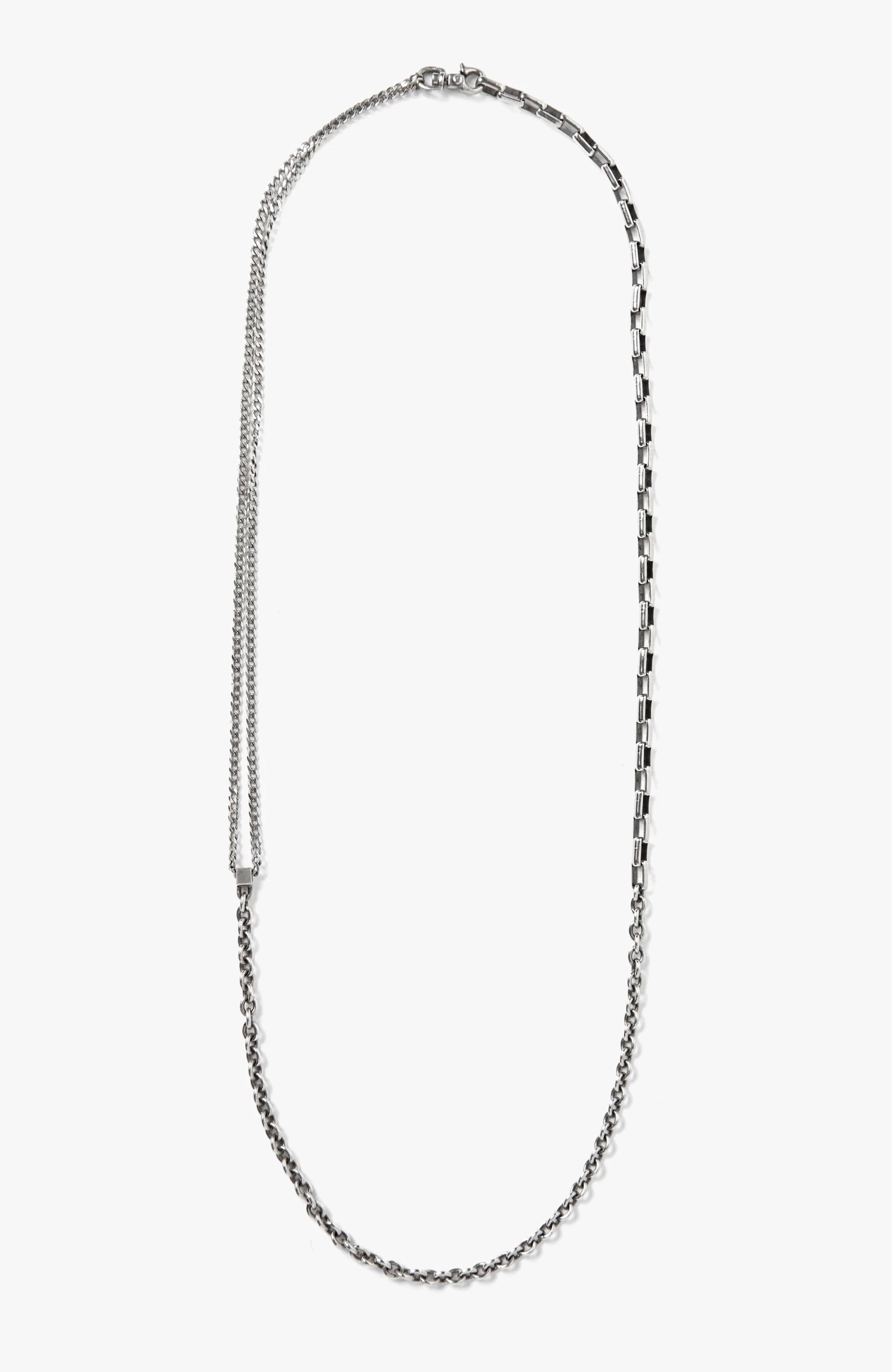 adjustable, multi-wrap necklace features a box chain, round cable chain double wrap curb chain, finished with a lobster carabiner clasp