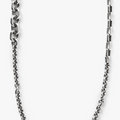 dense necklace features three varying sterling chains: a cable link, box link, and diamond beveled link