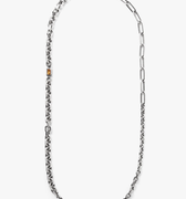 sterling necklace features an emerald-cut citrine stone that sits along varying diamond cut cable and paperclip chains