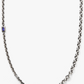 sterling necklace features an emerald cut iolite stone that sits along varying cable chains