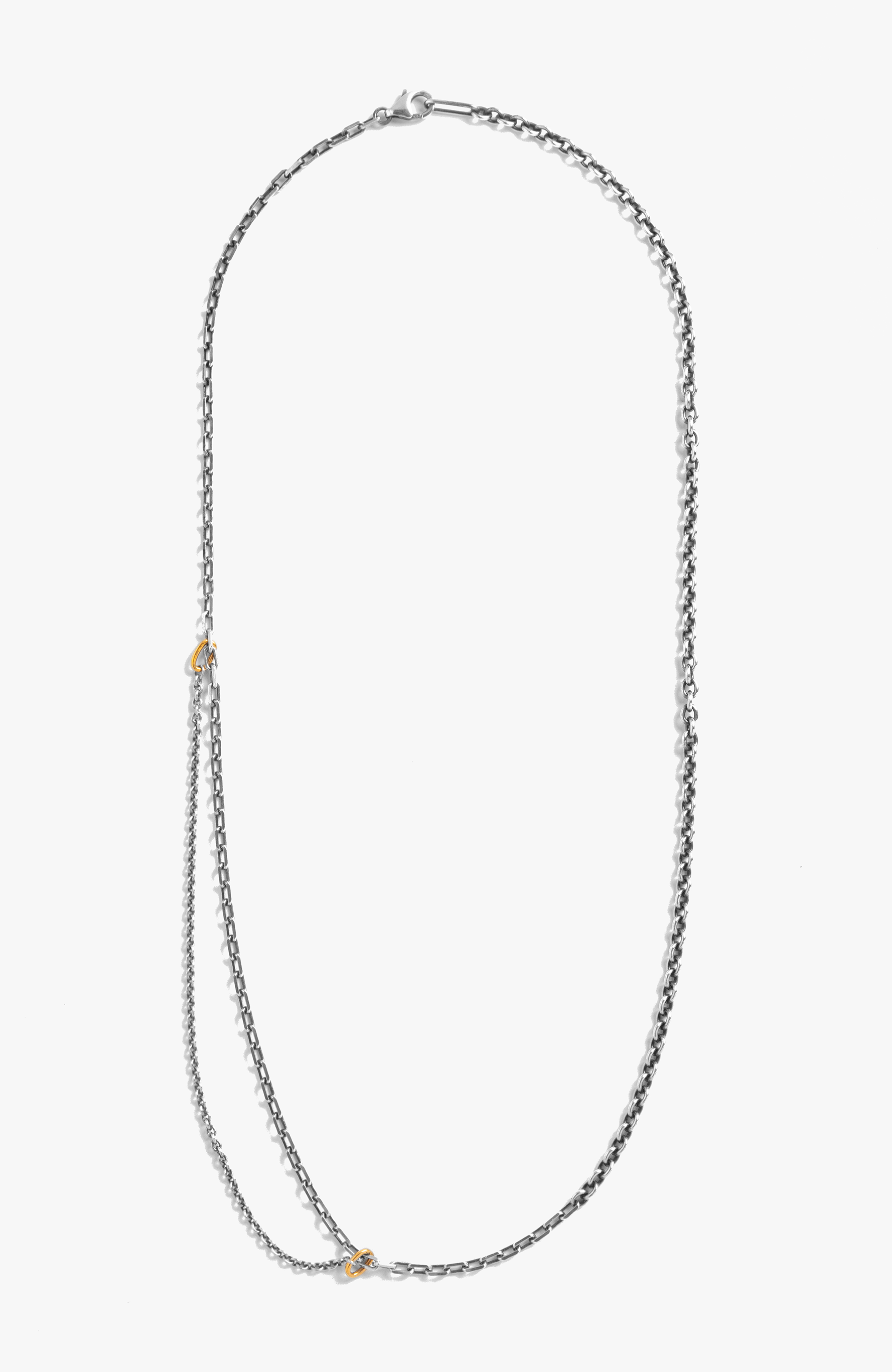 sterling silver anchor chain necklace features one large cable chain and one small accent cable chain attached by two 18k gold links