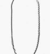 dense necklace features three varying sterling chains: a cable link, box link, and rolo link as well as a sterling silver bar