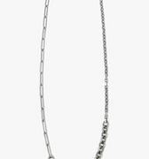 adjustable multi-chain necklace features elongated paperclip, cable, and diamond cut link chains