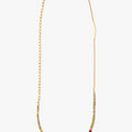 delicate beaded yellow diamond necklace is accented with a single red ruby and finished with varied solid 18k yellow gold chains