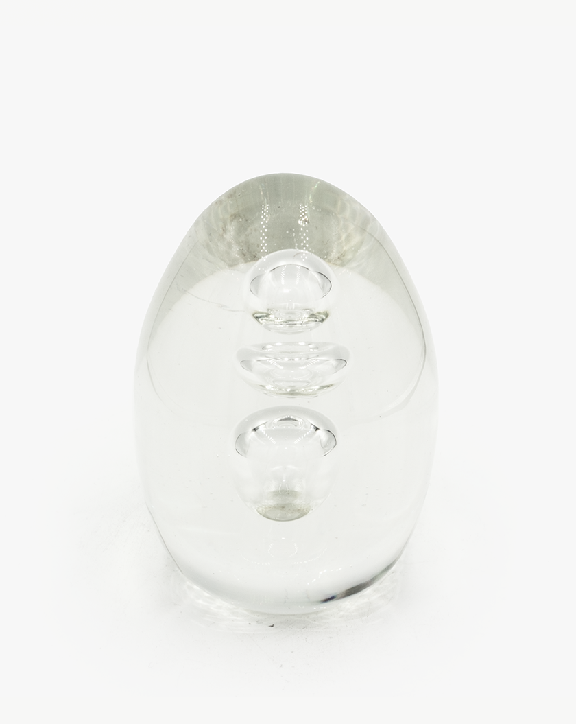 MID CENTURY HEAVY GLASS EGG SHAPED PAPERWEIGHT WITH INTERNAL BUBBLE