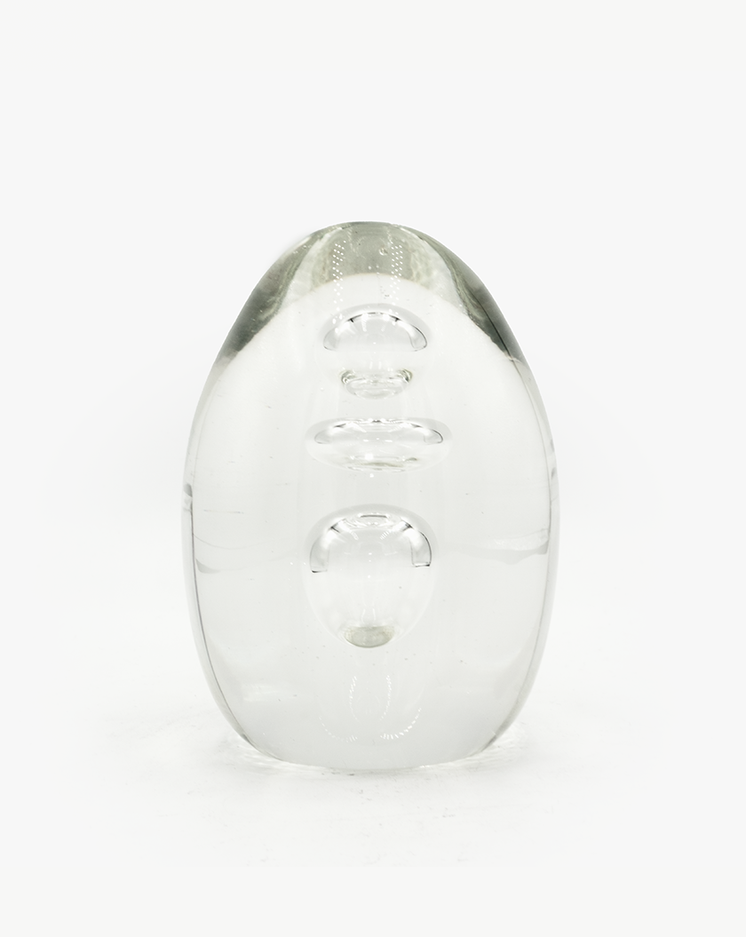 MID CENTURY HEAVY GLASS EGG SHAPED PAPERWEIGHT WITH INTERNAL BUBBLE