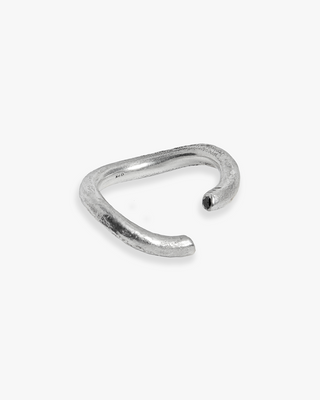 this piece is an adjustable hand forged sterling ring with a clean distressed / aged finish, warped shaping, and two inset black diamonds on the inner side