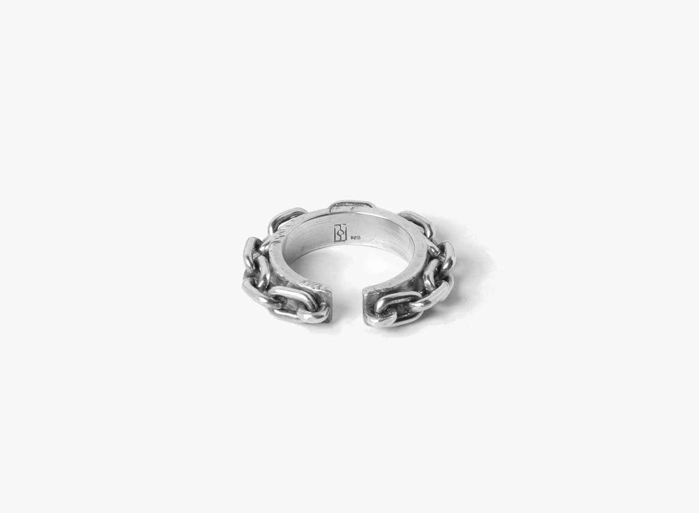 double layered hand forged open ended ring is finished with an elongated anchor link chain