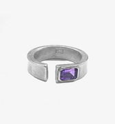 sterling silver open signet ring is hand forged and finished with an emerald-cut amethyst stone