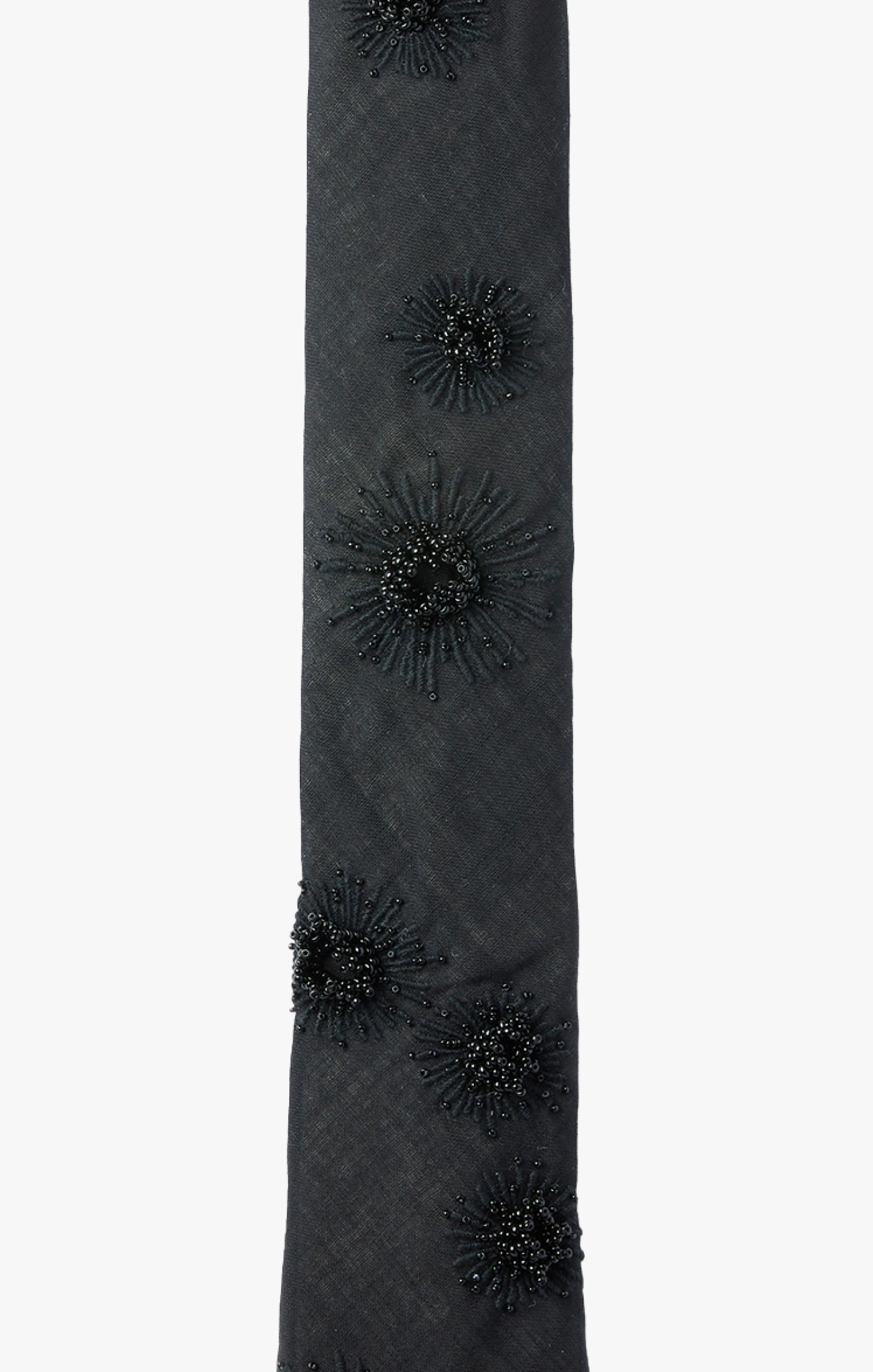 hand beaded and threaded tonal 'virus particles' are scattered on an italian imported lightweight black wool