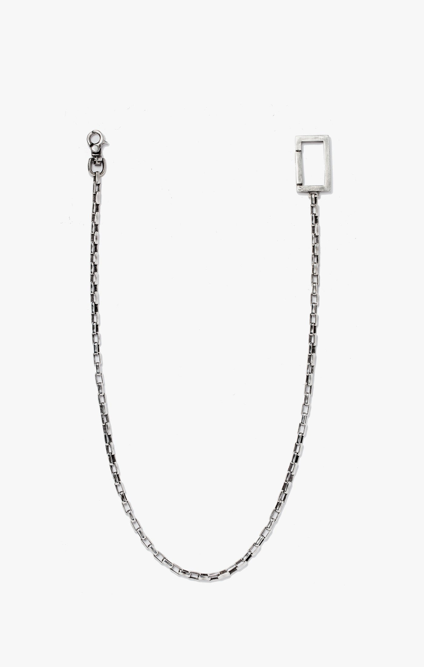 wallet chain is composed of box cable chain links, and finished with a custom  rectangular end clasp