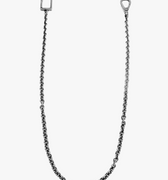 this dense wallet chain is composed of medium sized cable links a custom rectangular clasp attaches to your belt loop