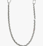 dense wallet chain is composed of oversized cable links and finished with 12 inset red rubies on two of the links. a custom rectangular clasp attaches to your belt loop