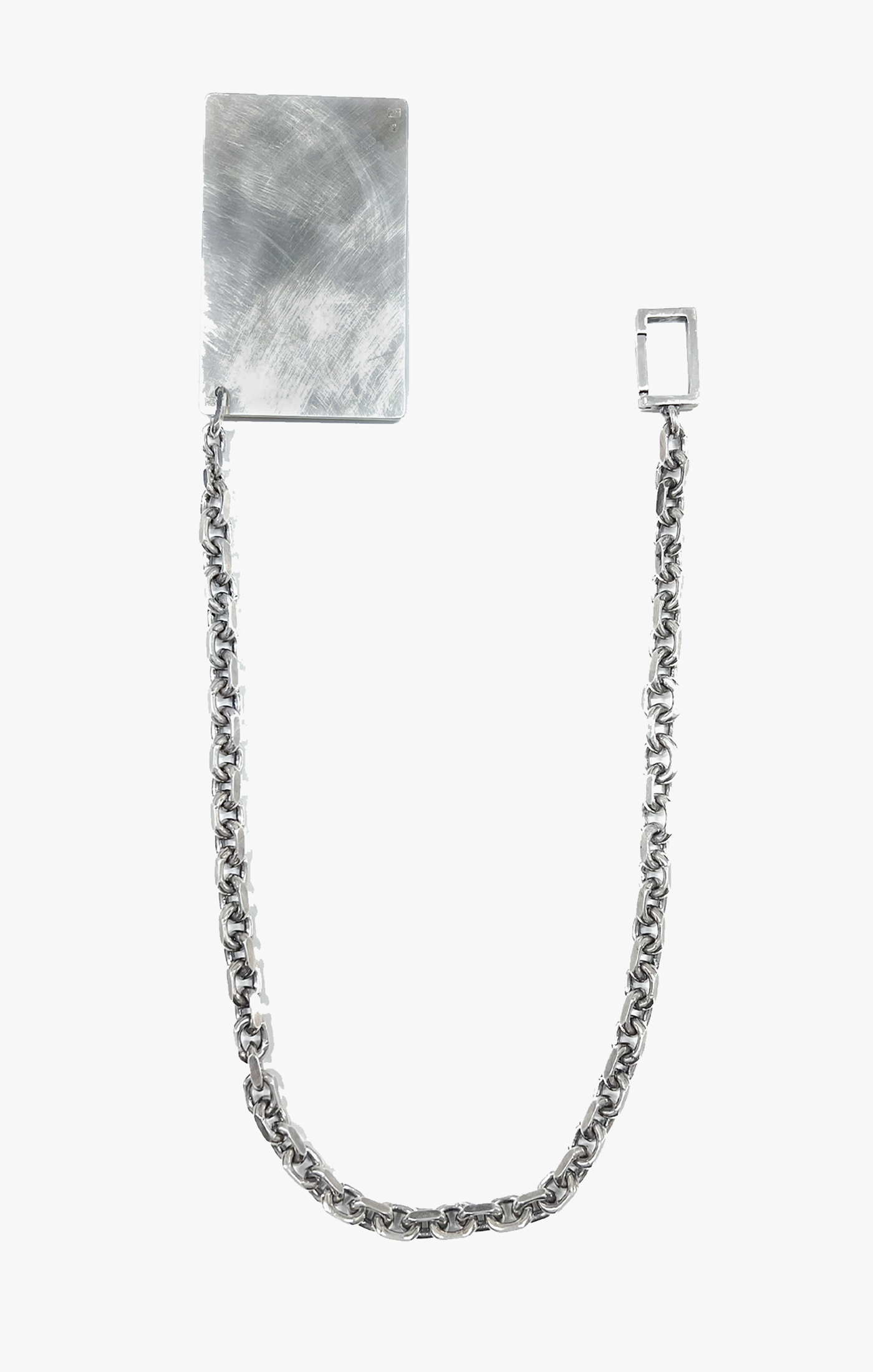 this dense diamond cut cable chain features a solid sterling silver hand stamped 'credit card' that fits perfectly into any wallet. it is finished with a custom rectangular clasp that attaches to your belt loop