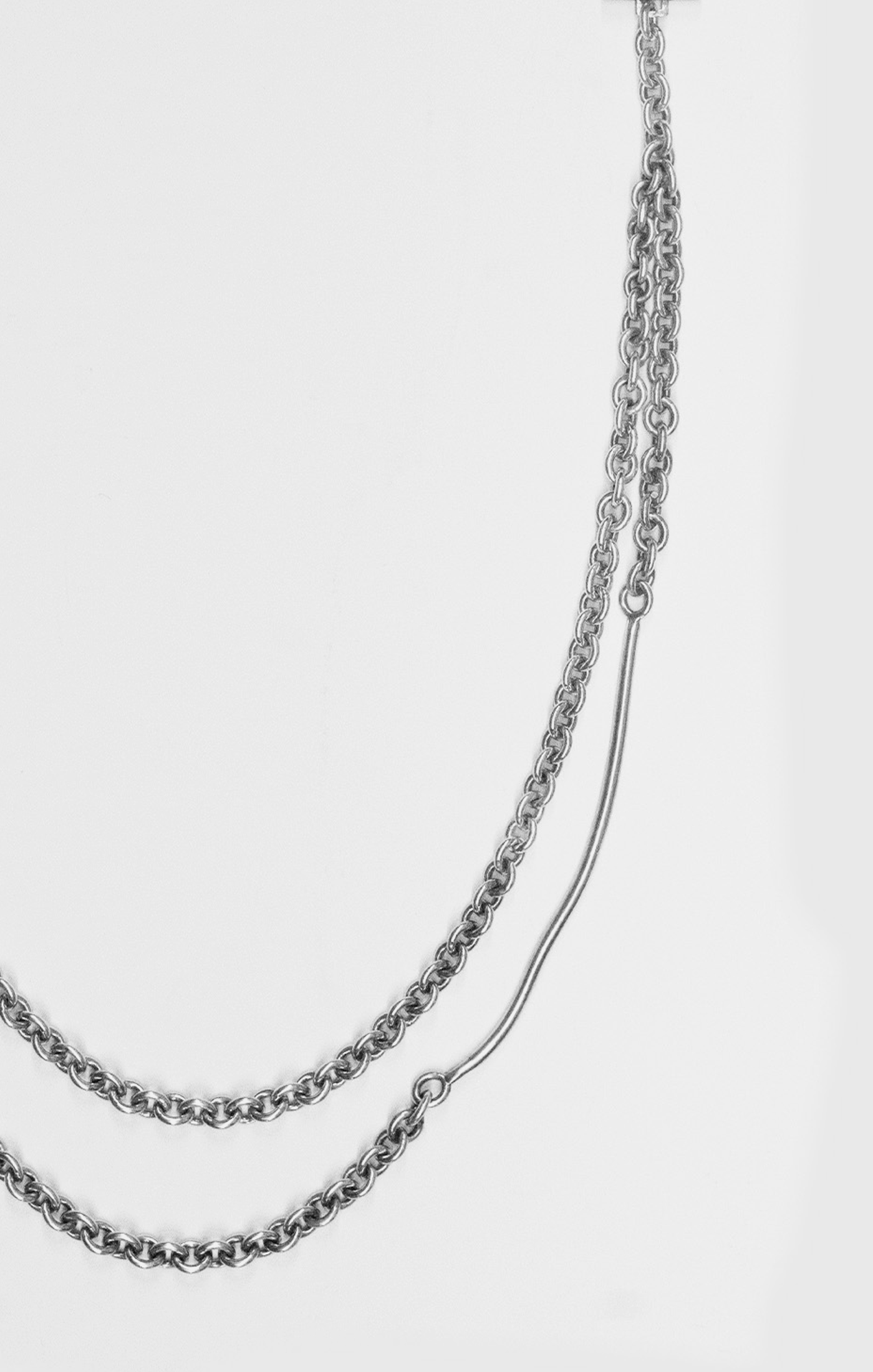 dual cable chain featuring handmade 3" silver bar finished with a custom rectangular clasp