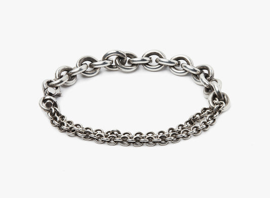 MIXED CHAIN BRACELET 188: this adjustable sterling cable chain is connected to a double-wrap smaller cable chain, finished with our sterling thumbprint