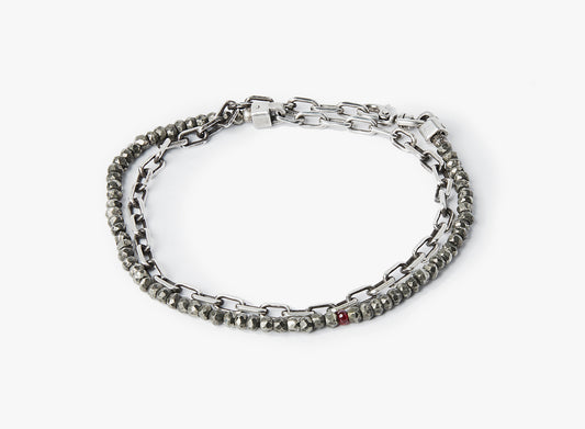 BEADED STONES BRACELET 220: this pyrite stone chain with a single ruby connects to a cable chain, all fastened by a carabiner lobster clasp