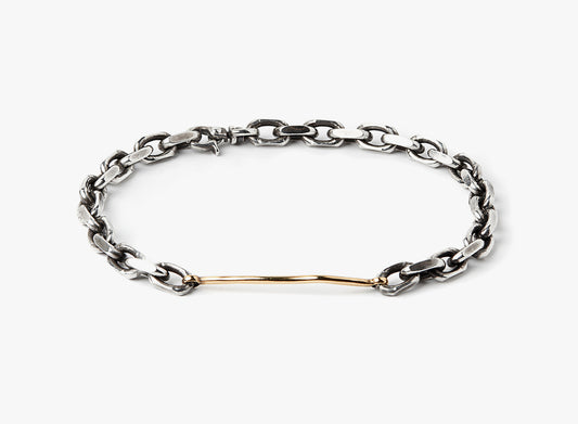 MIXED METAL STERLING SILVER/ 18K YELLOW GOLD BRACELET 260: this adjustable sterling cable chain is finished with an 18k gold asymmetrical bar