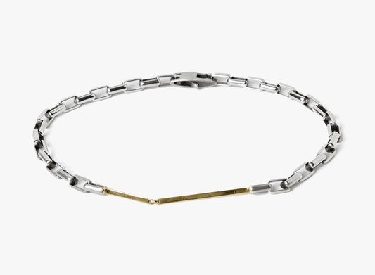 MIXED METAL BRACELET 354: this adjustable sterling silver box chain connects to an 18k gold hinged bar