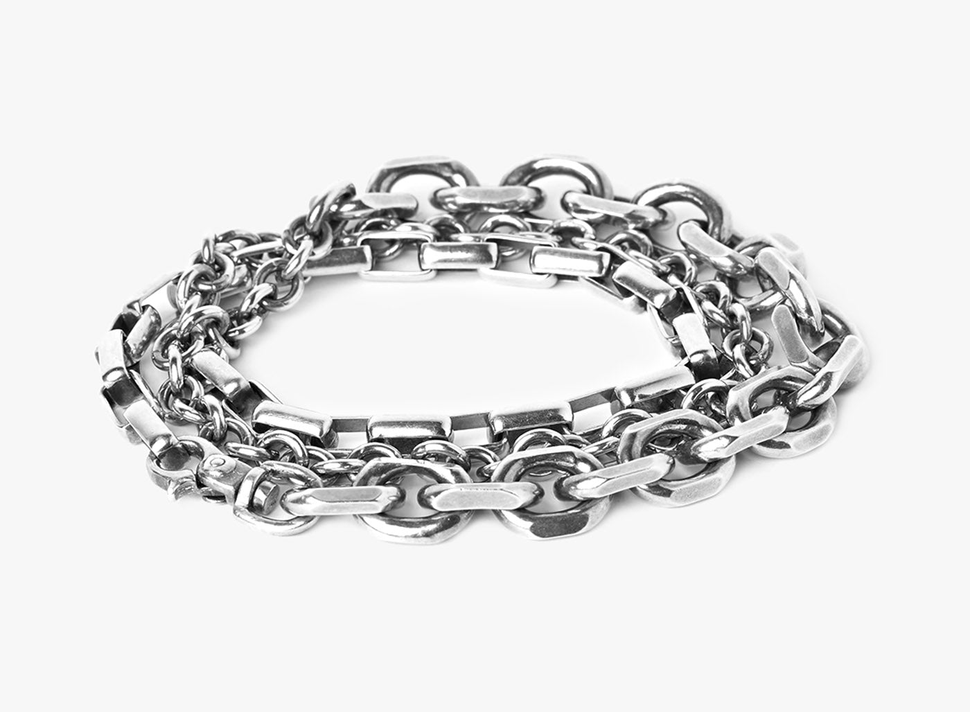 MIXED CHAIN STERLING SILVER BRACELET 363: this adjustable triple-wrap bracelet features varying sterling chains that can be worn as a necklace