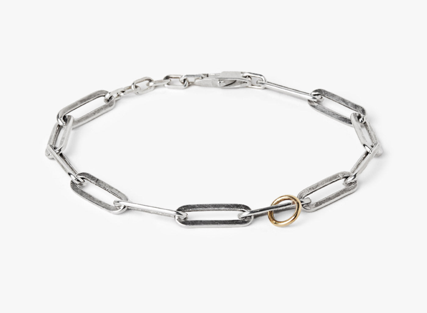 MIXED METAL BRACELET 376: this adjustable sterling paperclip chain bracelet is finished with a solid 18K gold ring