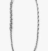 dense necklace features three varying sterling chains: a cable link, box link, and diamond beveled link