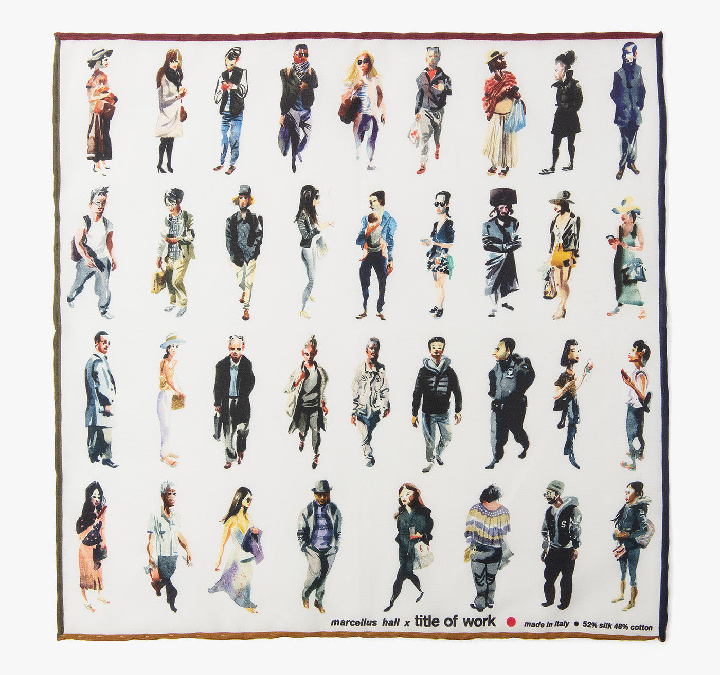 inspired by nyc-based illustrator marcellus hall's watercolor les figures, this pocket square is made of a silk cotton blend. it is digitally printed and hand-finished in como, italy