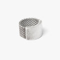 unique adjustable ring features an engineered mesh band that expands and contracts into the solid curved bar