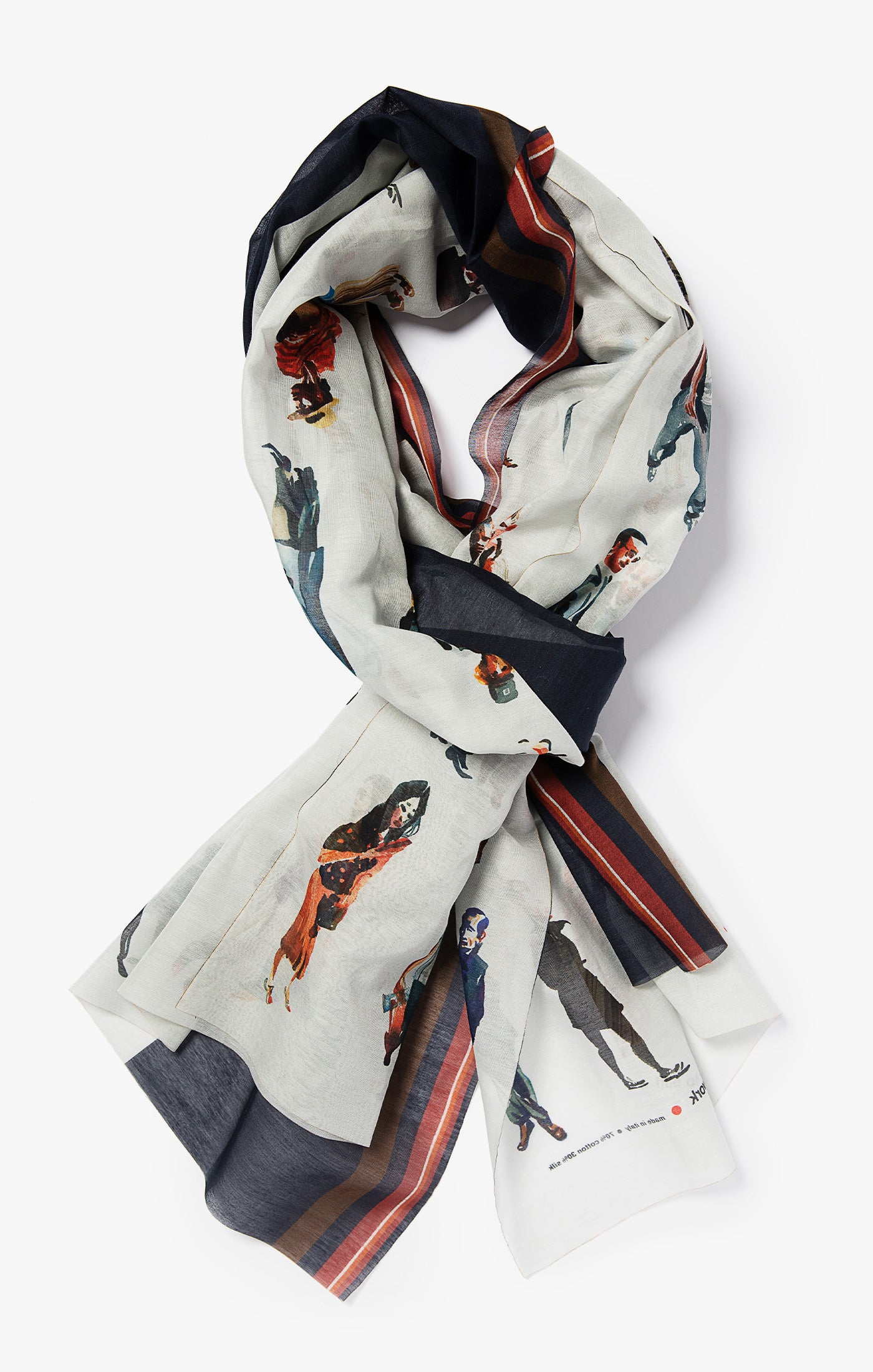 inspired by nyc-based illustrator marcellus hall's watercolor figures, this scarf is made of a silk cotton blend. it is digitally printed in como, italy and finished with a raw, laser cut edge