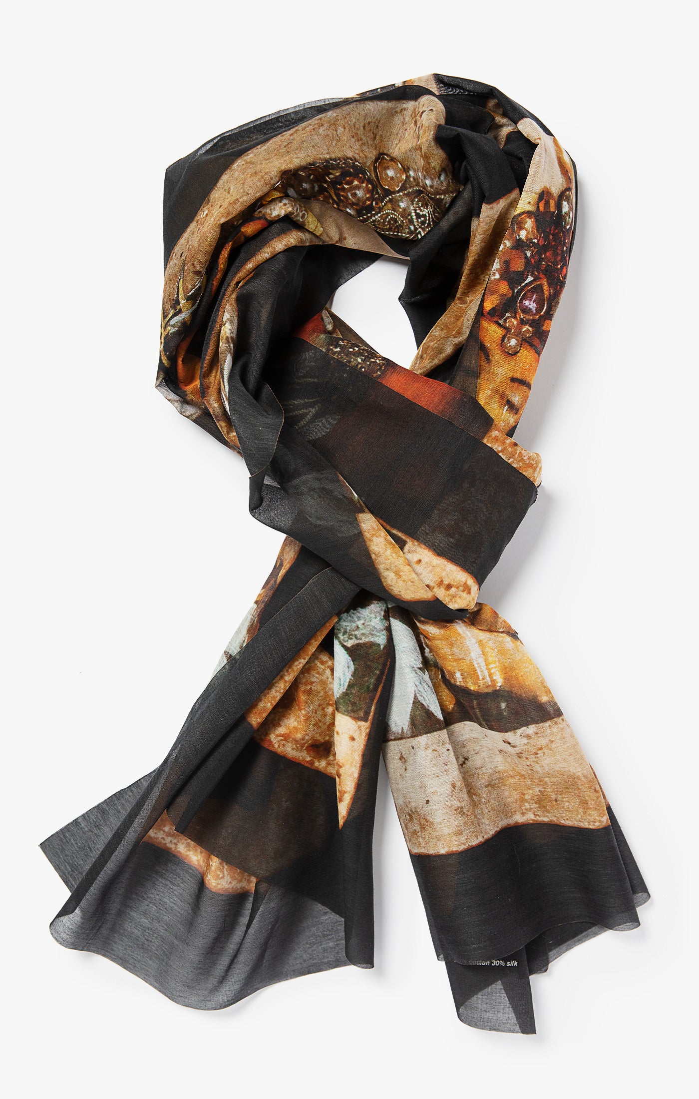 created in collaboration with artist joan di lieto, this scarf is made of a silk cotton blend. it is digitally printed in como, italy and finished with a raw, laser cut edge